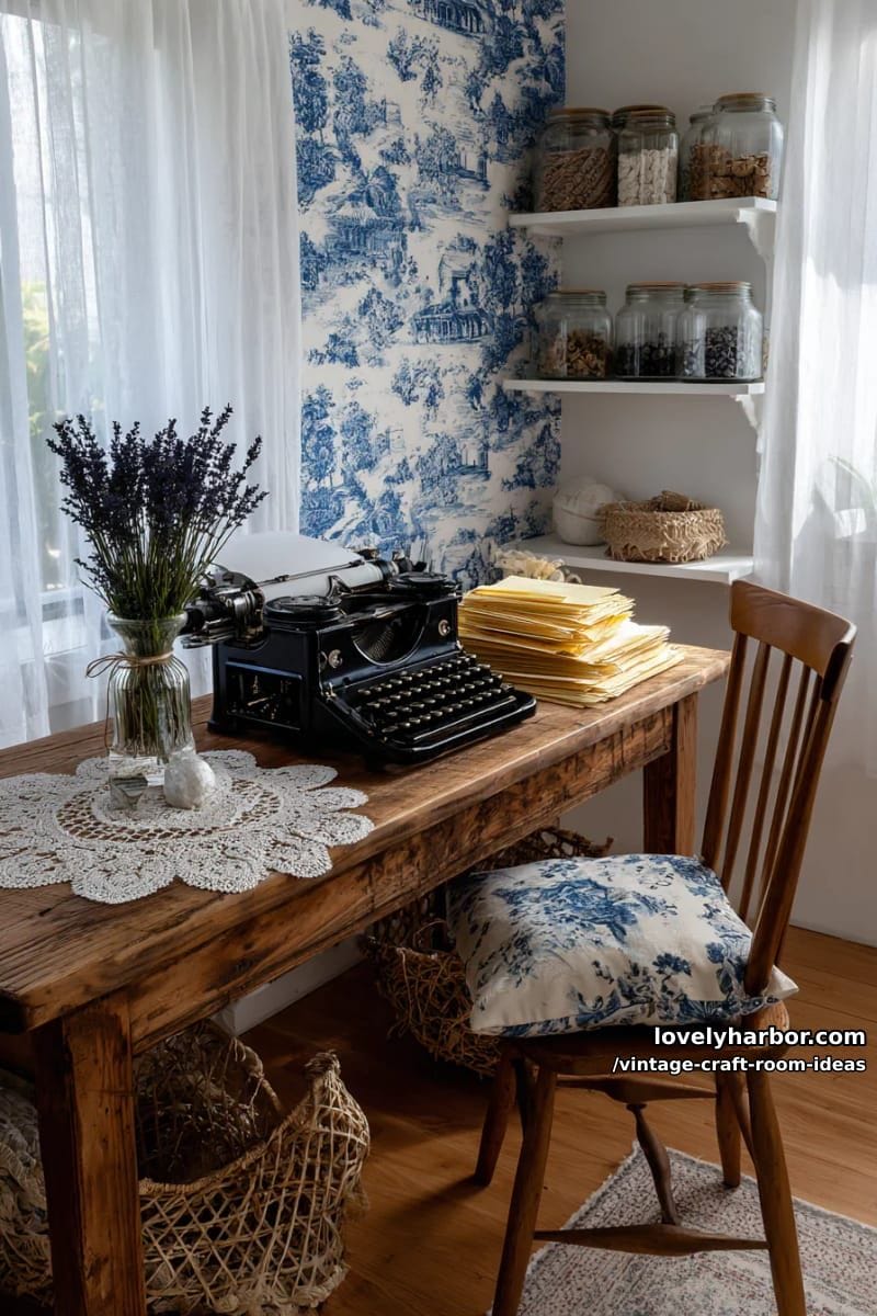 french cottage corner with toile wallpaper and an old typewriter for creative notes 1