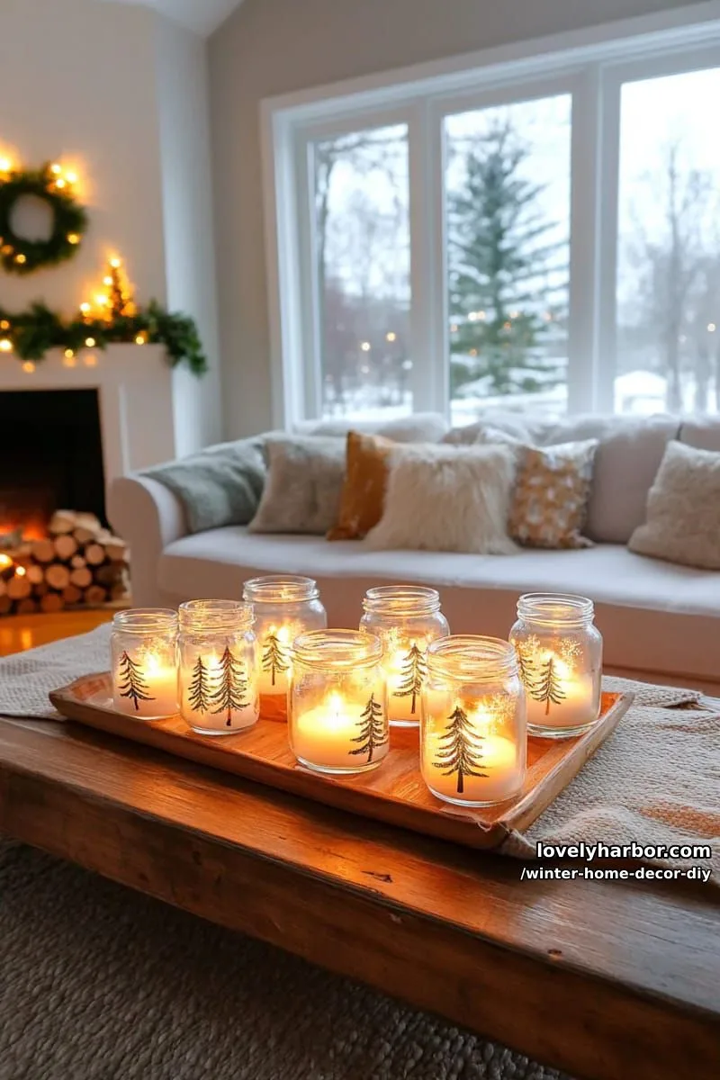 frosted glass mason jars with painted evergreen silhouettes for winter mood lighting 1