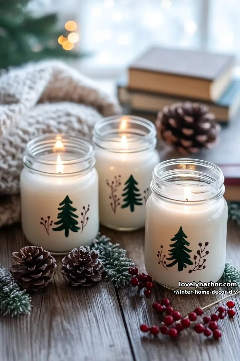 frosted glass mason jars with painted evergreen silhouettes for winter mood lighting 1