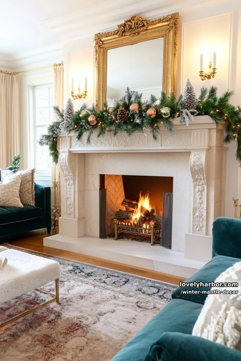 15 Stylish Winter Mantel Looks to Elevate Your Home 4 frosted pinecone garland paired with velvet ribbon and antique brass candlesticks. 1