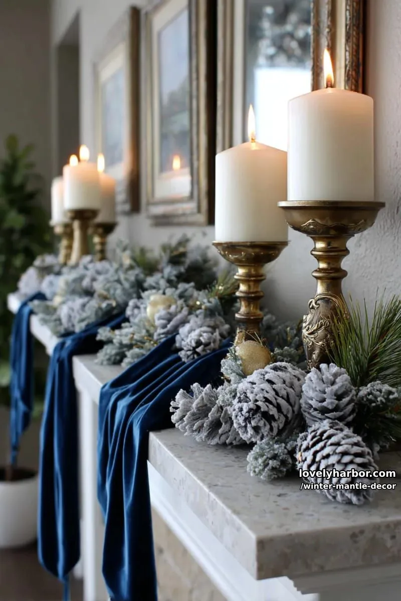 15 Stylish Winter Mantel Looks to Elevate Your Home 5 frosted pinecone garland paired with velvet ribbon and antique brass candlesticks. 1