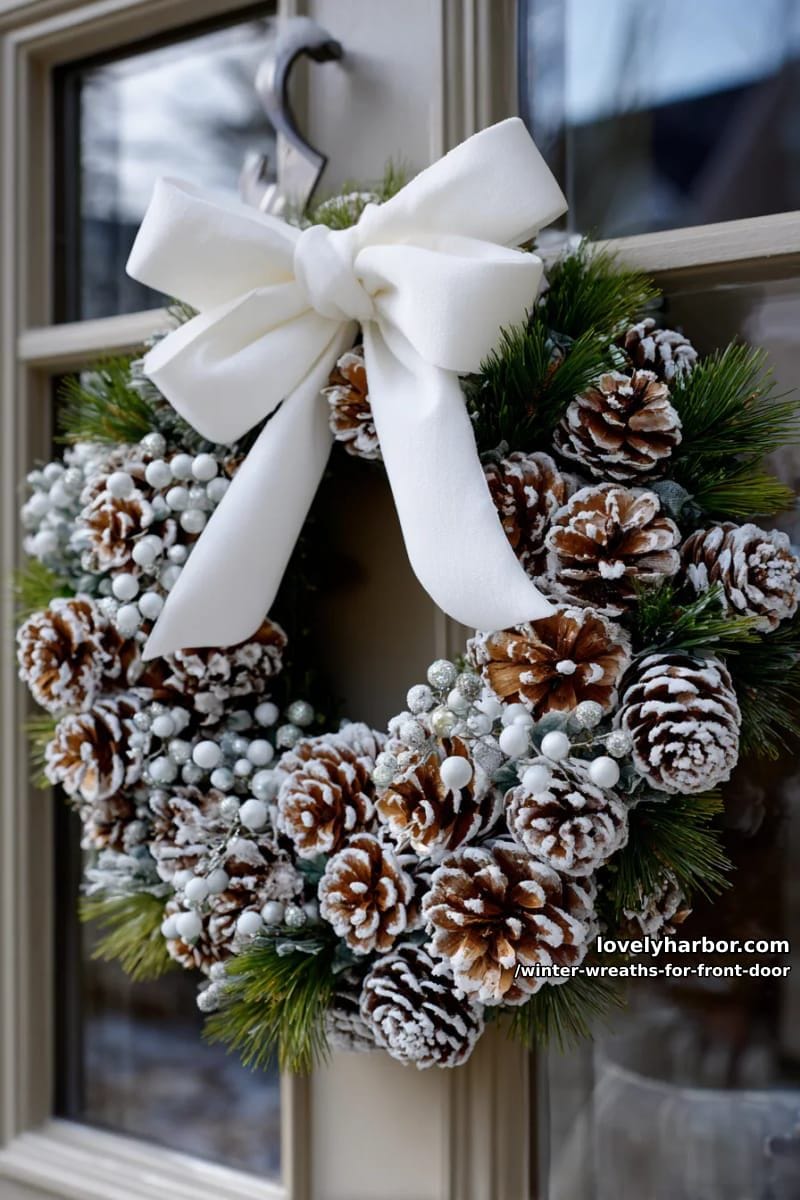 frosted pinecone wreath with silver berries and white velvet ribbon 1