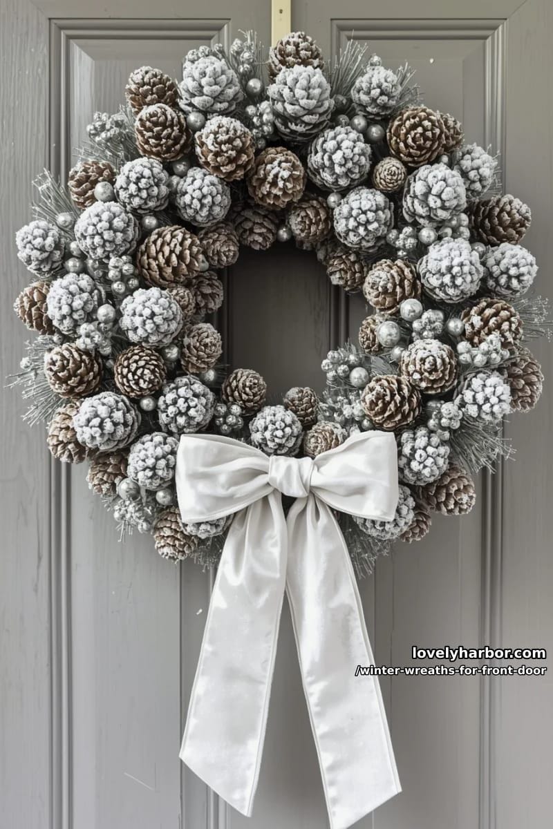 frosted pinecone wreath with silver berries and white velvet ribbon 1