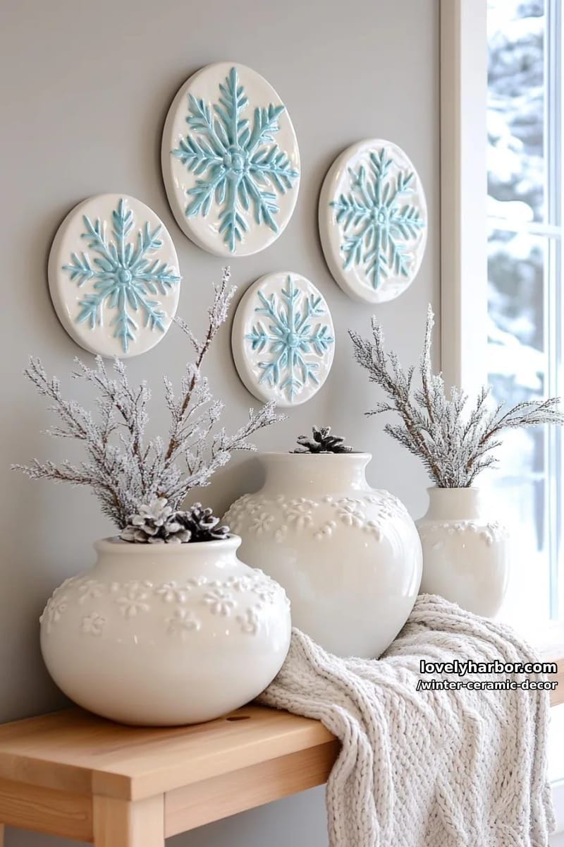 frosty ceramic snowflake wall art with delicate blue hand-painted accents 1