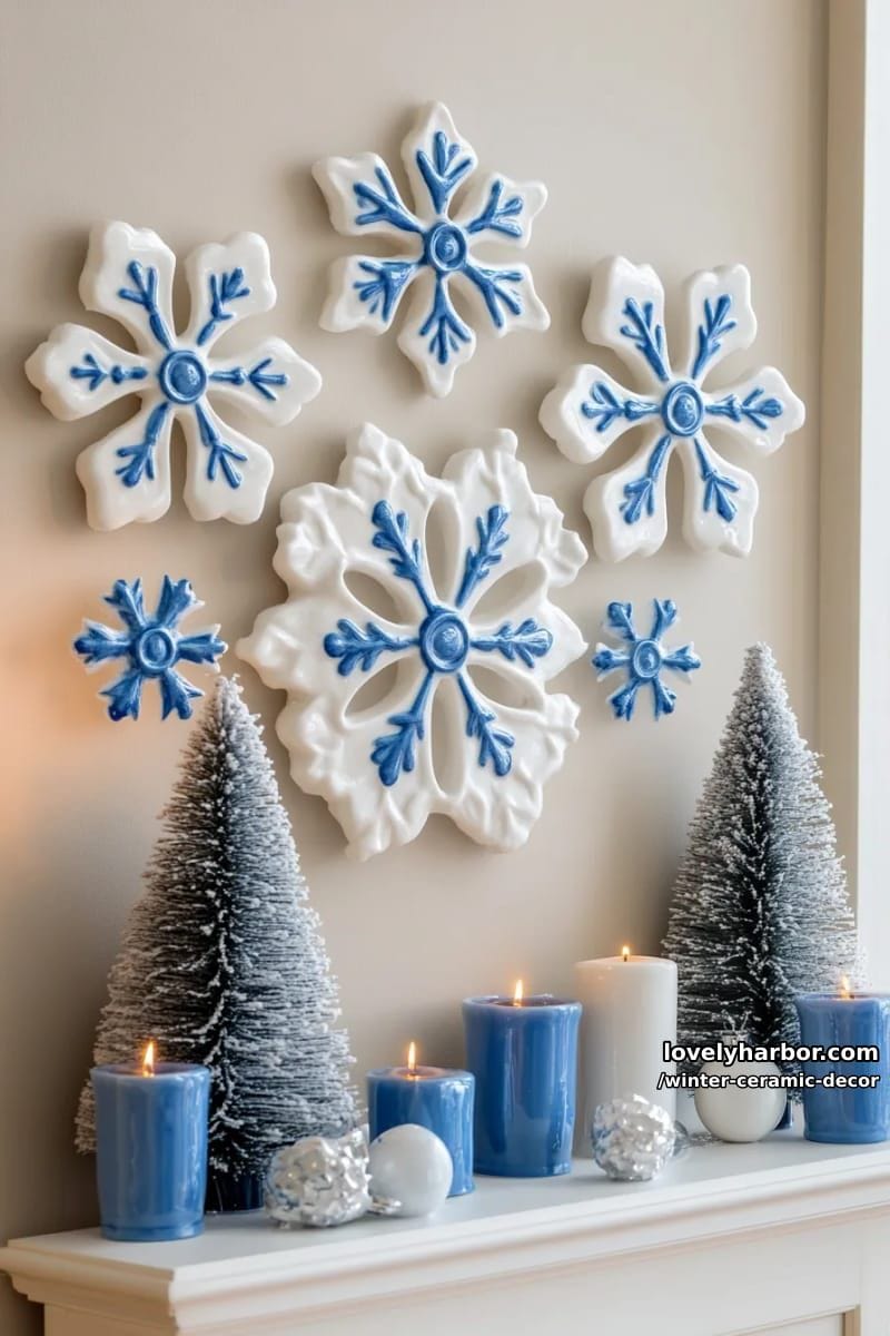 frosty ceramic snowflake wall art with delicate blue hand-painted accents 1