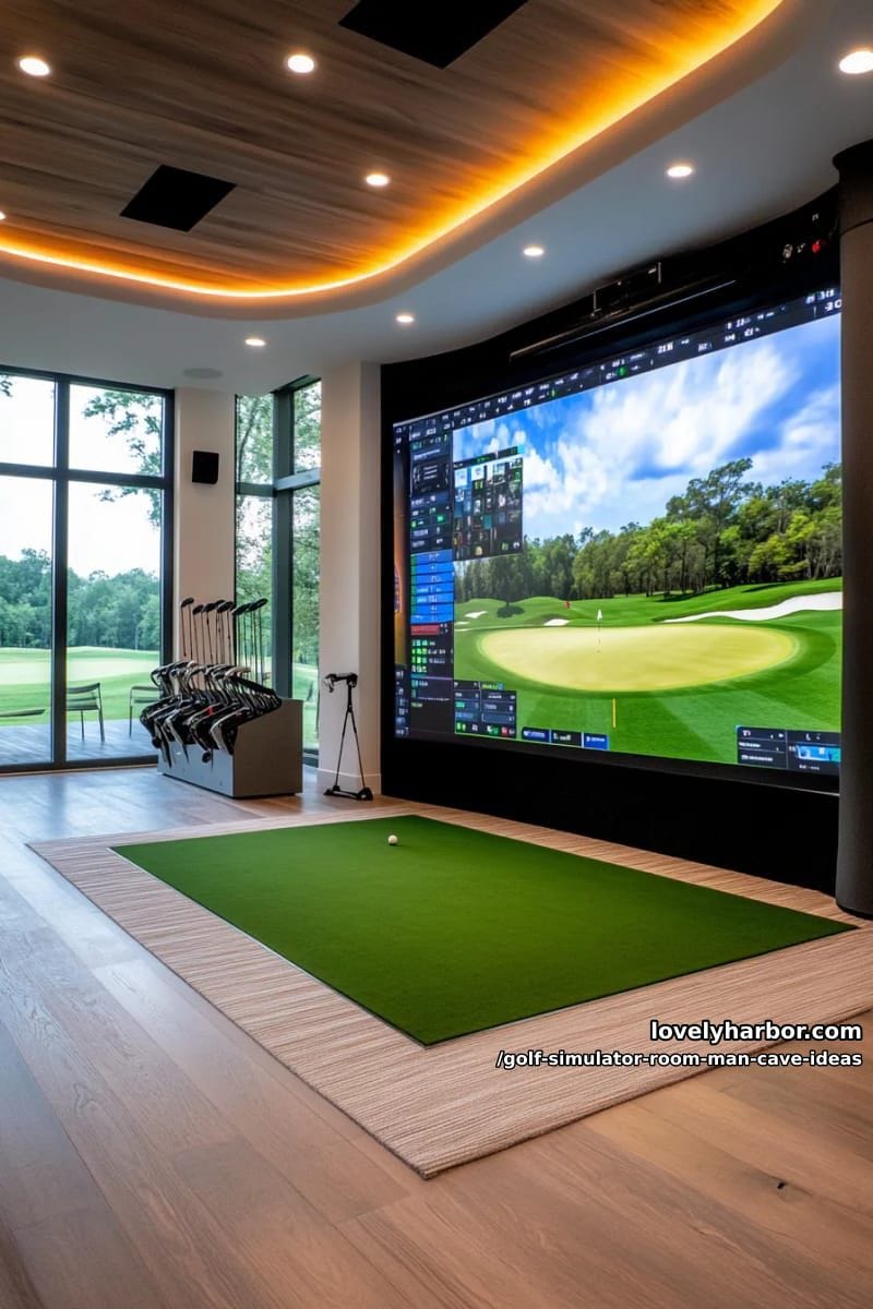 futuristic man cave with rgb lighting, digital scoreboards, and swing analysis tech 1
