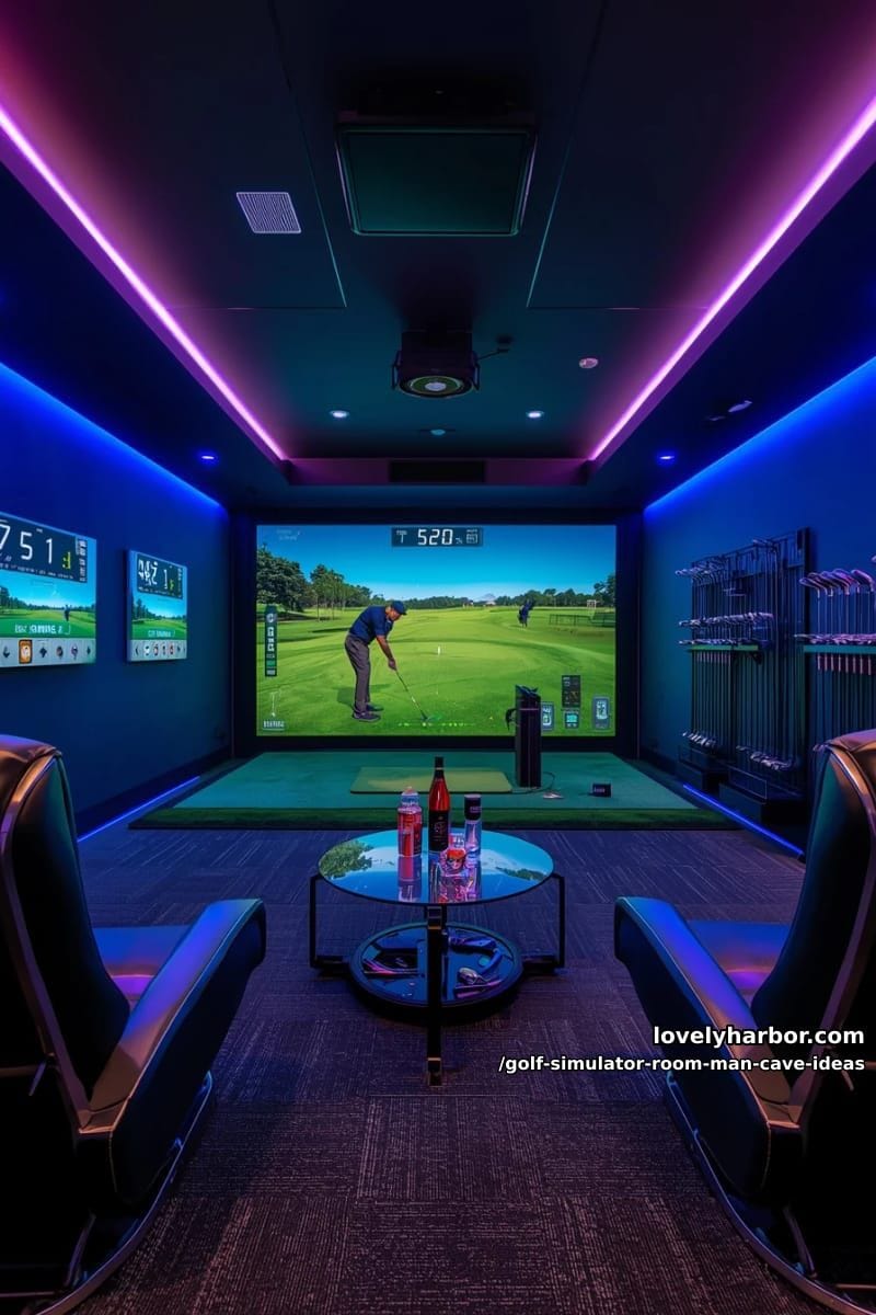 futuristic man cave with rgb lighting, digital scoreboards, and swing analysis tech 1