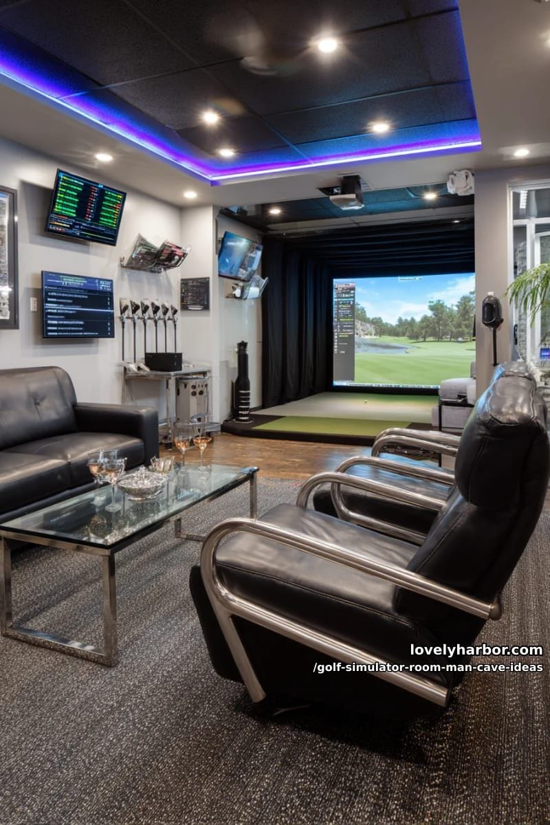 futuristic man cave with rgb lighting, digital scoreboards, and swing analysis tech 1