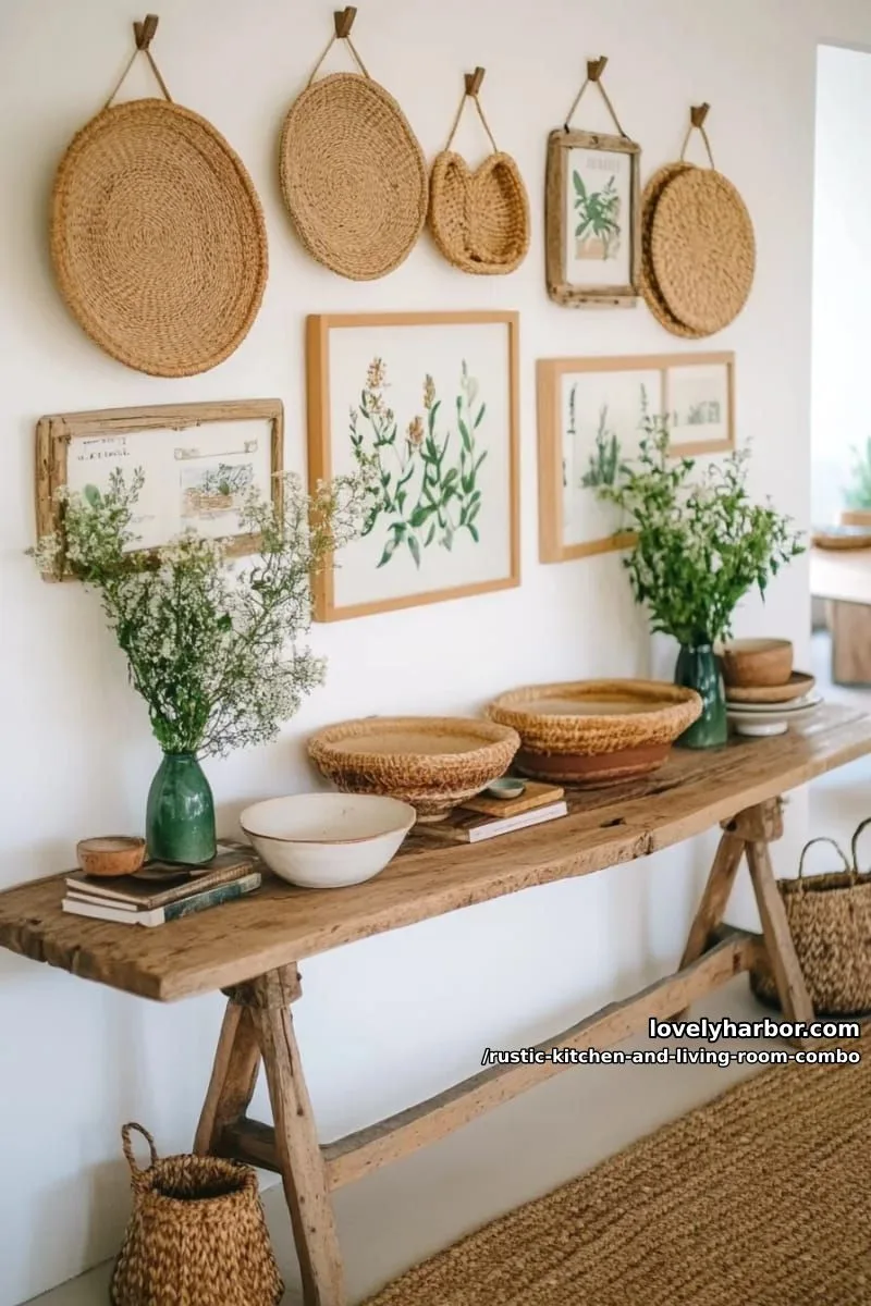 gallery wall of botanical prints and woven baskets above a salvaged-wood sofa table 1