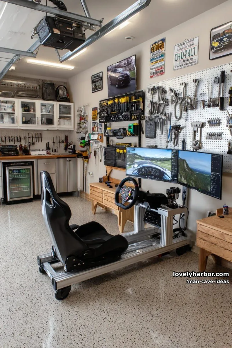 15 Classy Man Cave Ideas to Personalize Your Space 18 garage man cave with tool wall art, mini fridge, and racing simulator setup 1