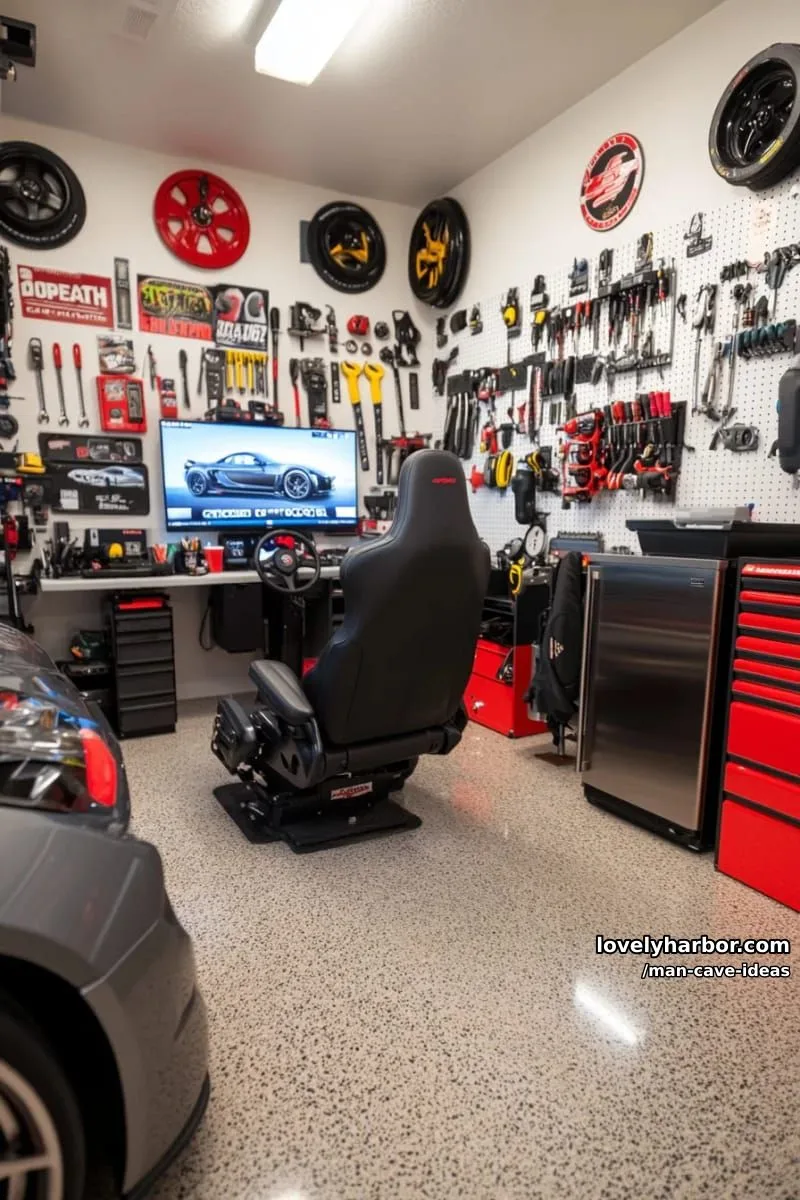 15 Classy Man Cave Ideas to Personalize Your Space 19 garage man cave with tool wall art, mini fridge, and racing simulator setup 1