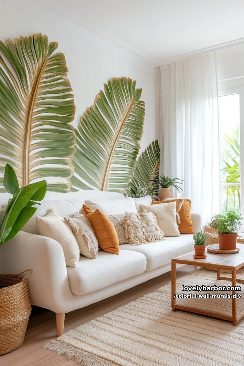 giant botanical mural with oversized ferns and golden details 1