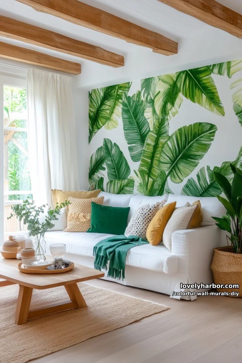 giant botanical mural with oversized ferns and golden details 1