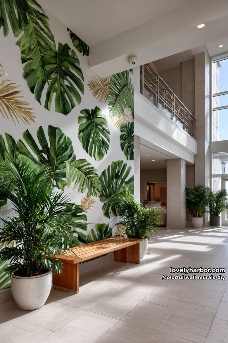 giant botanical mural with oversized ferns and golden details 1