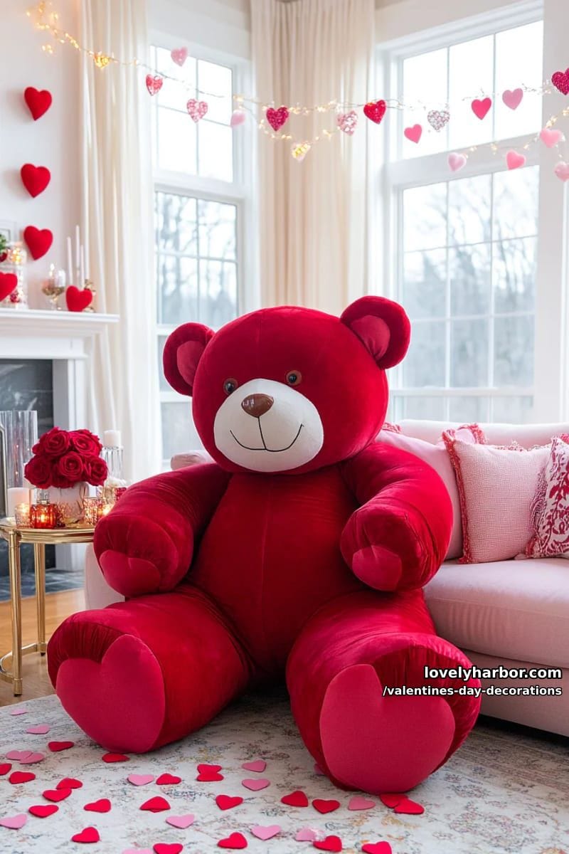 giant red teddy bear seated with heart confetti 1