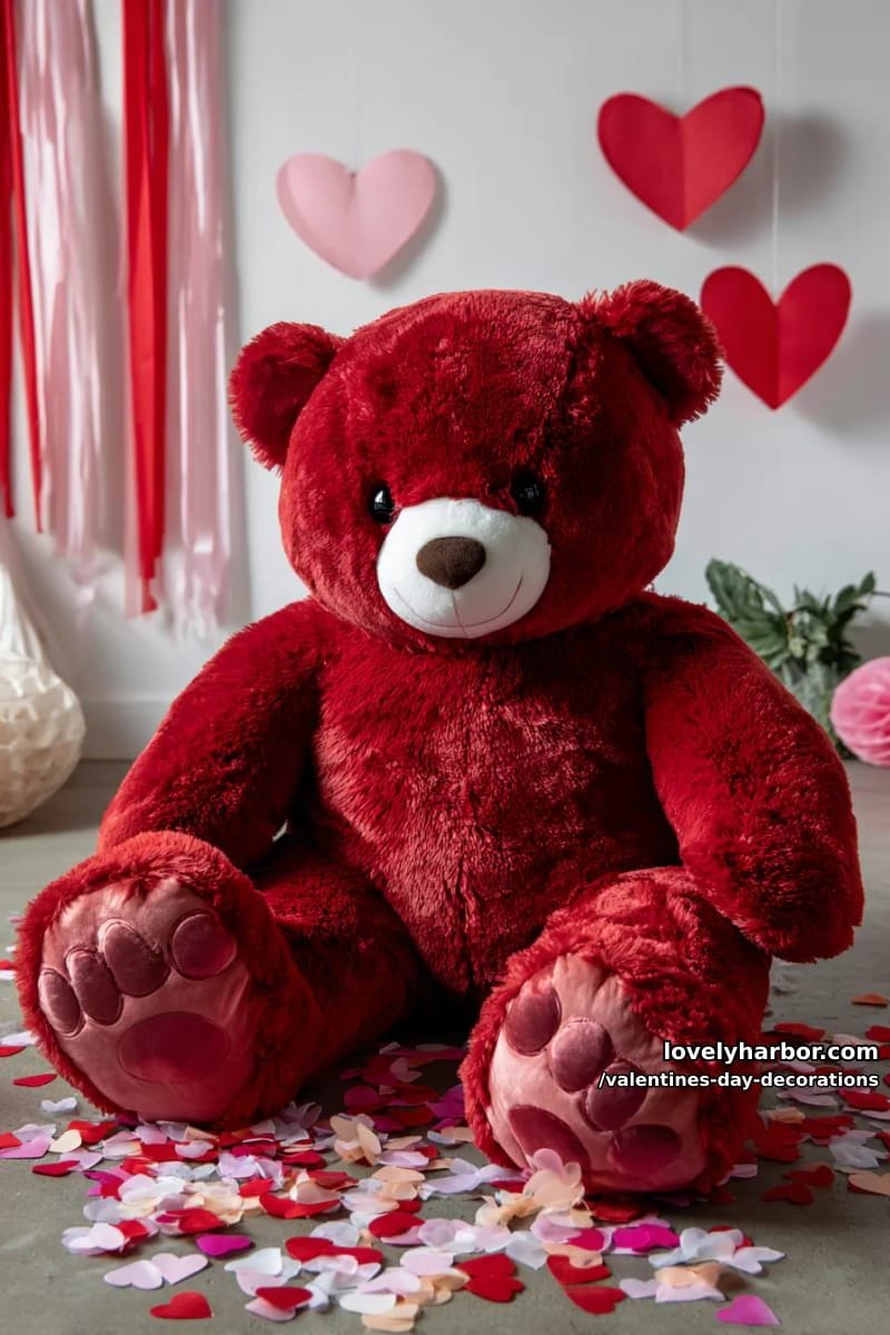 giant red teddy bear seated with heart confetti 1