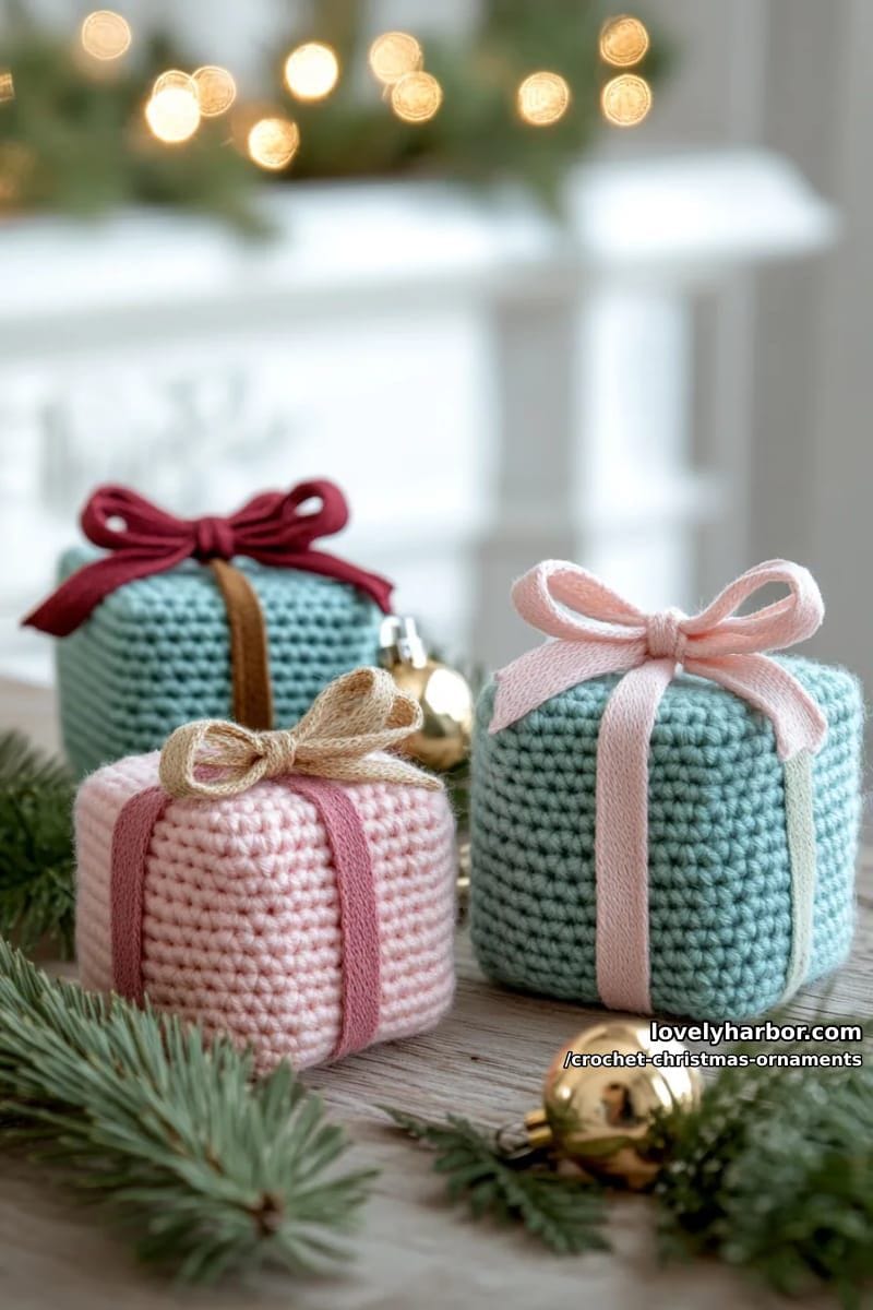 gift box ornaments featuring textured stitches and ribbon bows 1