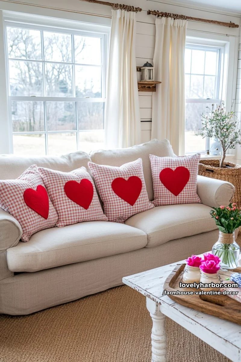 19 Farmhouse Valentine's Day Home Decor Ideas 8 gingham-checked pillow covers with stitched felt hearts for cozy farmhouse couches 1