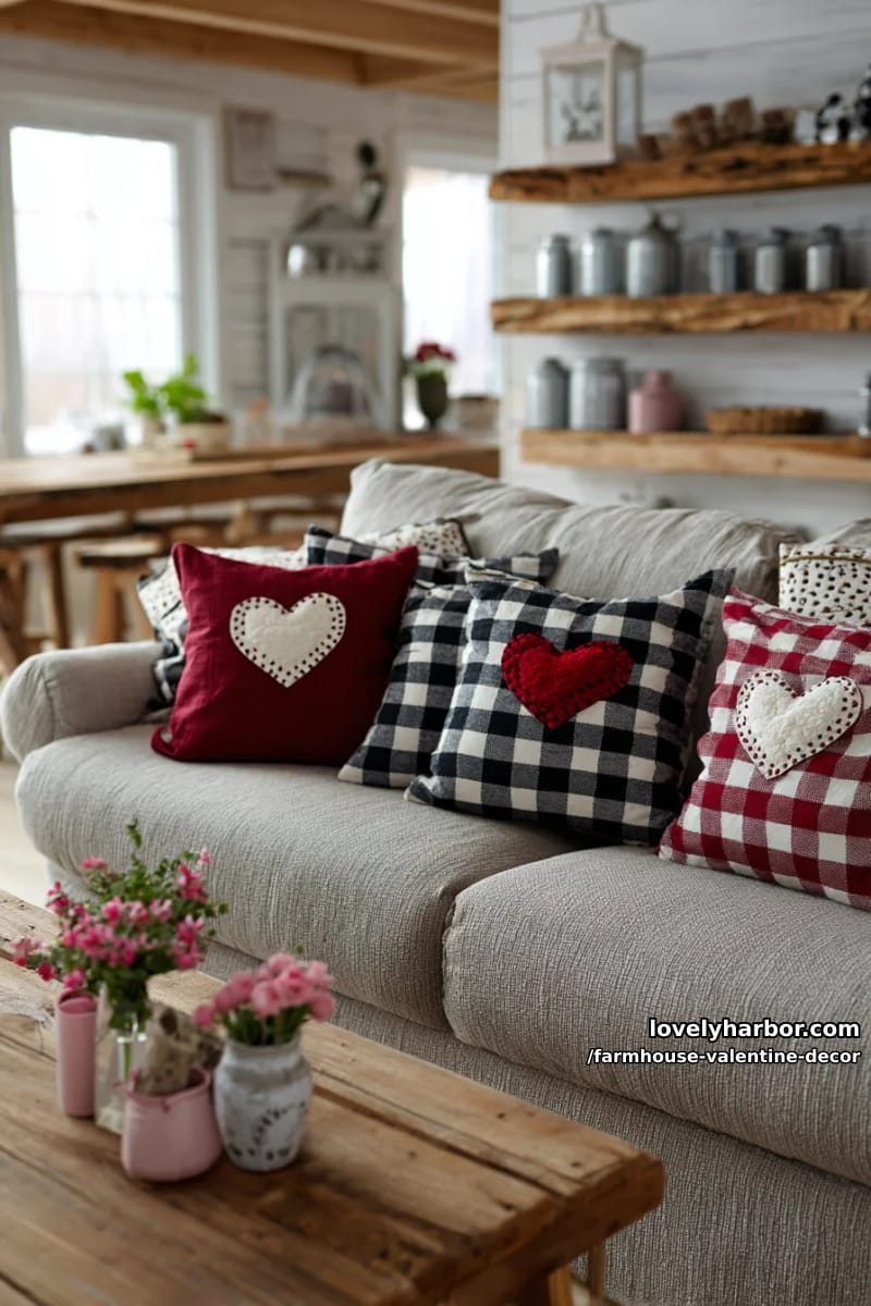 19 Farmhouse Valentine's Day Home Decor Ideas 9 gingham-checked pillow covers with stitched felt hearts for cozy farmhouse couches 1
