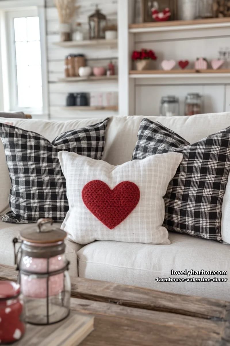 19 Farmhouse Valentine's Day Home Decor Ideas 12 gingham-checked pillow covers with stitched felt hearts for cozy farmhouse couches 1