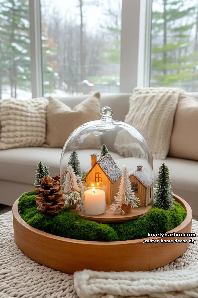 glass cloche scene with tiny houses, moss, and snowy bottlebrush trees 1
