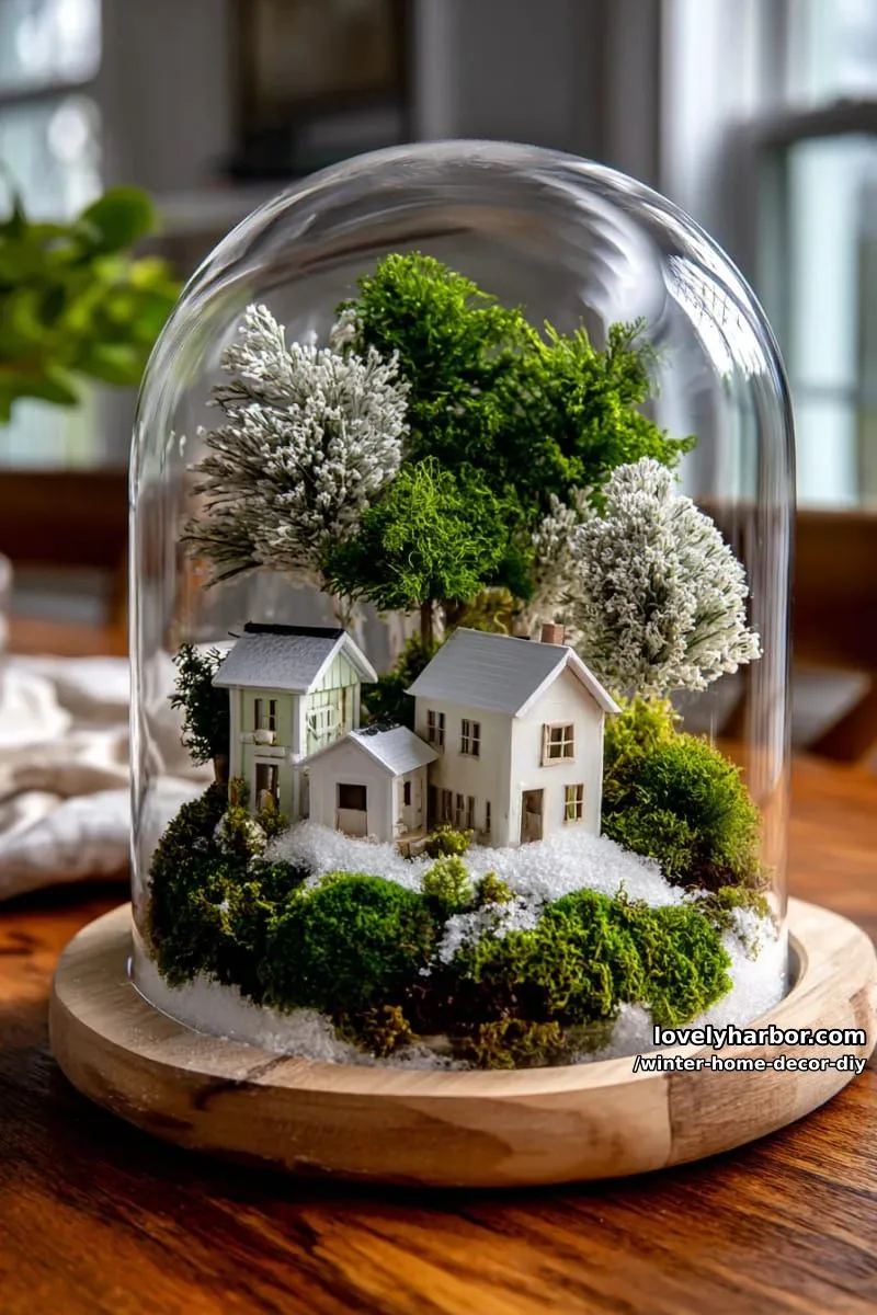 glass cloche scene with tiny houses, moss, and snowy bottlebrush trees 1