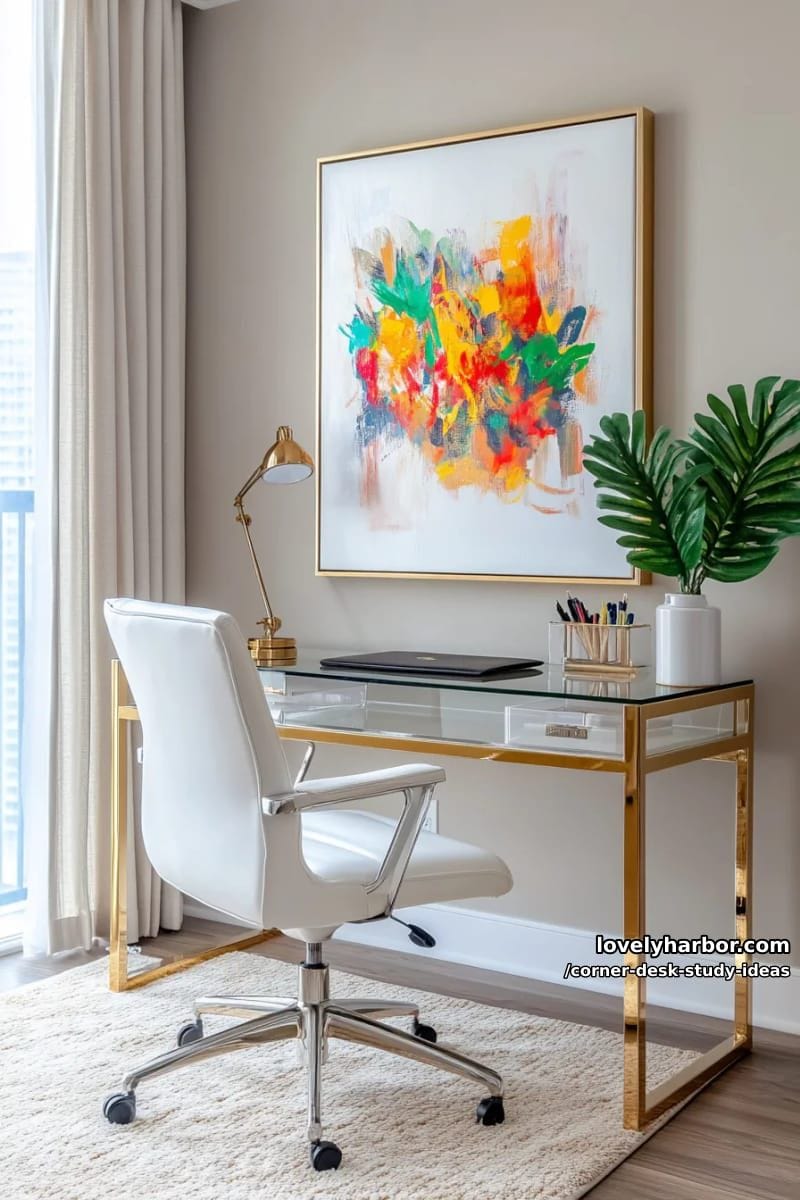glass corner desk with gold accents and abstract art for a modern touch 1