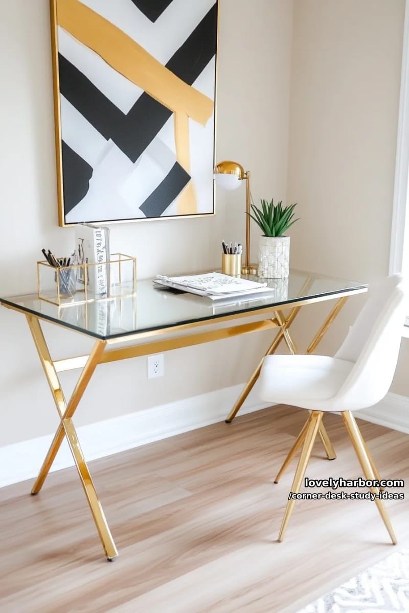 glass corner desk with gold accents and abstract art for a modern touch 1