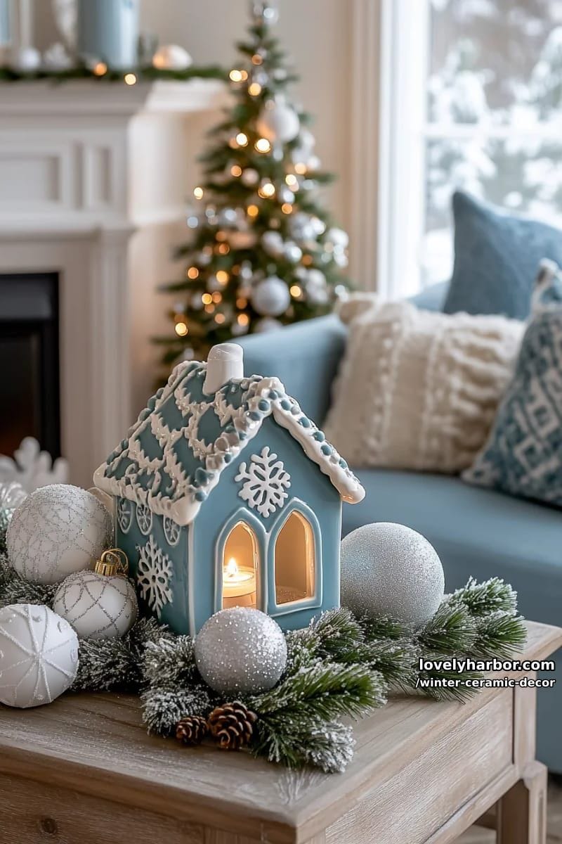 glazed ceramic gingerbread house with cut-out windows for tealight glow 1
