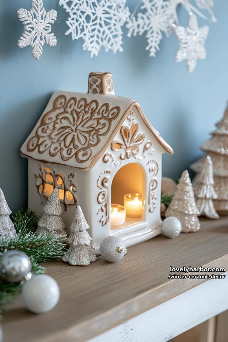 glazed ceramic gingerbread house with cut-out windows for tealight glow 1