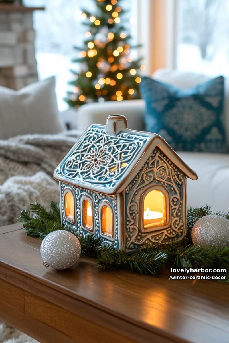 glazed ceramic gingerbread house with cut-out windows for tealight glow 1