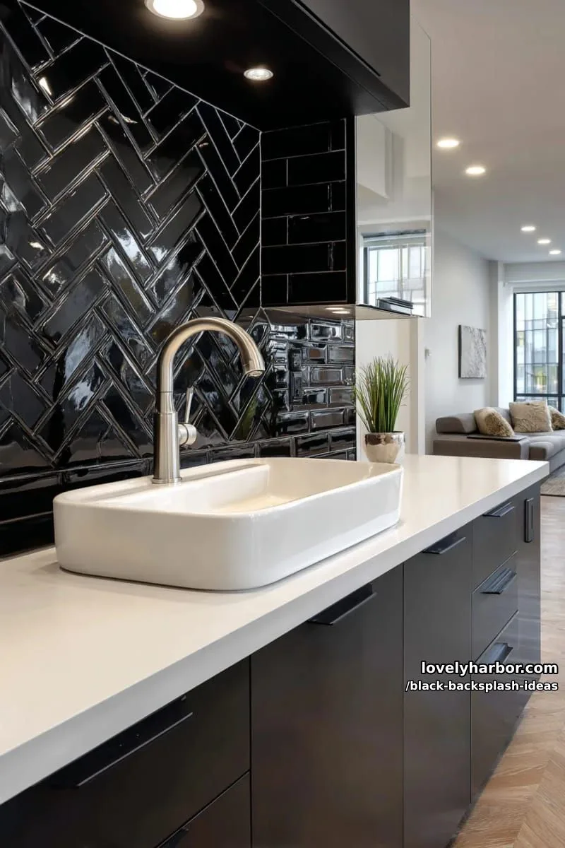 glossy black chevron mosaic accent wall behind a minimalist sink area 1
