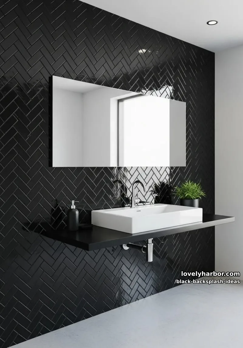 glossy black chevron mosaic accent wall behind a minimalist sink area 1