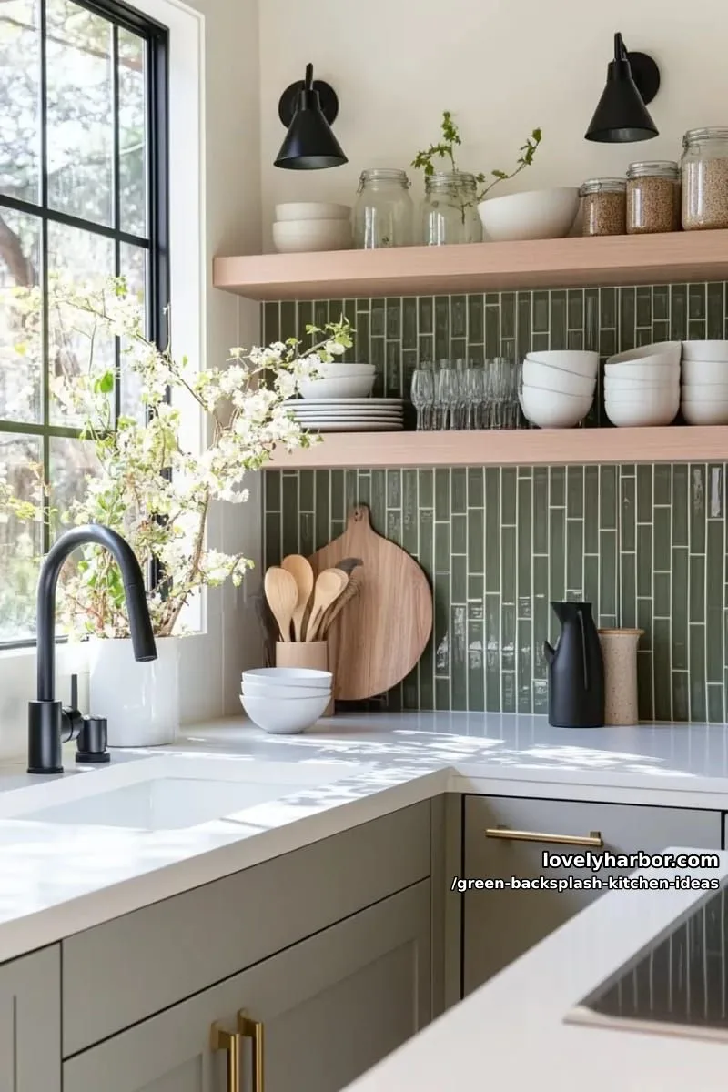 15 Green Backsplash Ideas for Modern Kitchens 13 glossy moss green vertical stacked tiles for a modern touch. 1