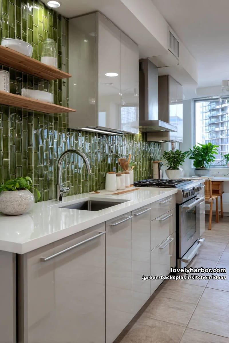 glossy moss green vertical stacked tiles for a modern touch. 1
