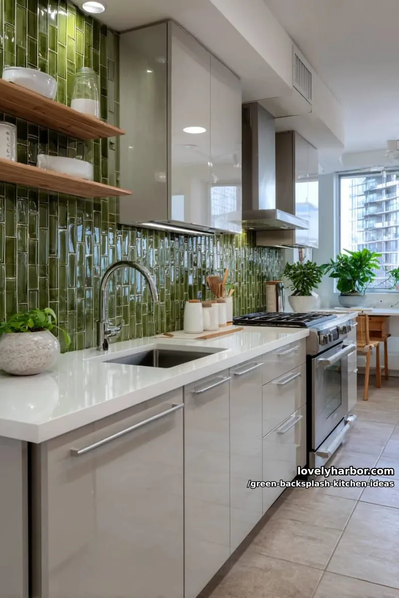 15 Green Backsplash Ideas for Modern Kitchens 14 glossy moss green vertical stacked tiles for a modern touch. 1