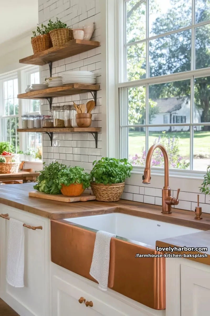 glossy white subway tiles with dark grout and copper farmhouse kitchen fixtures 1