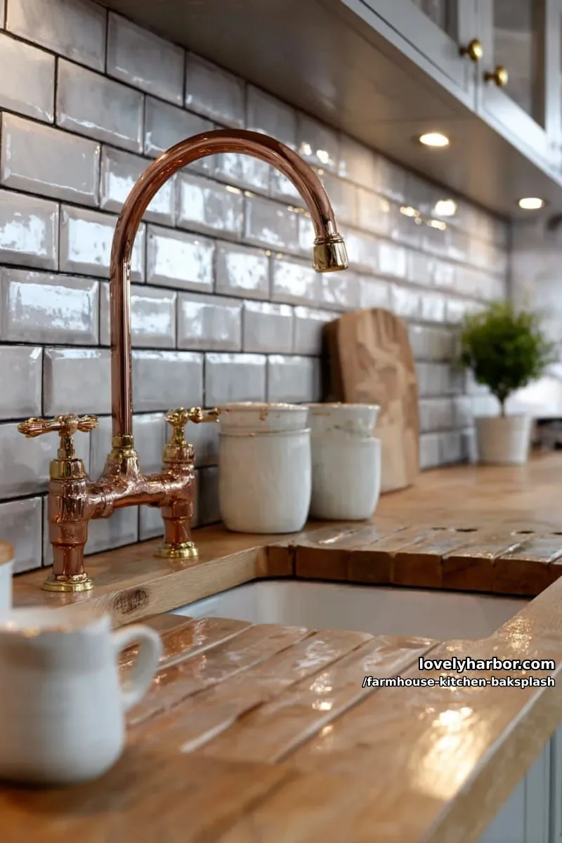 glossy white subway tiles with dark grout and copper farmhouse kitchen fixtures 1