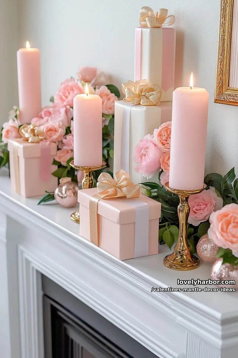 gold and blush candlesticks paired with mini pink wrapped gift boxes 1