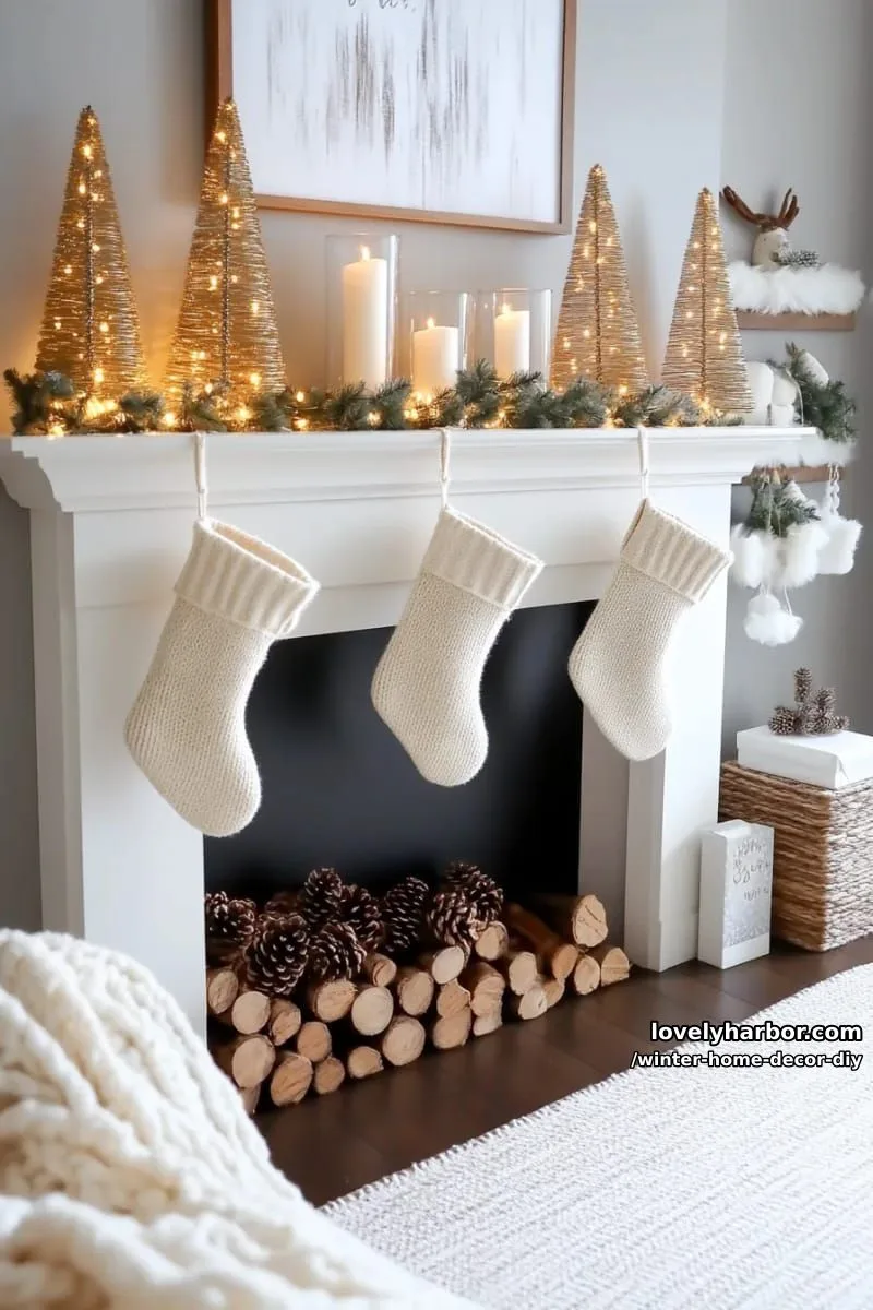 golden wire and fairy light trees for modern cozy mantel decor 1