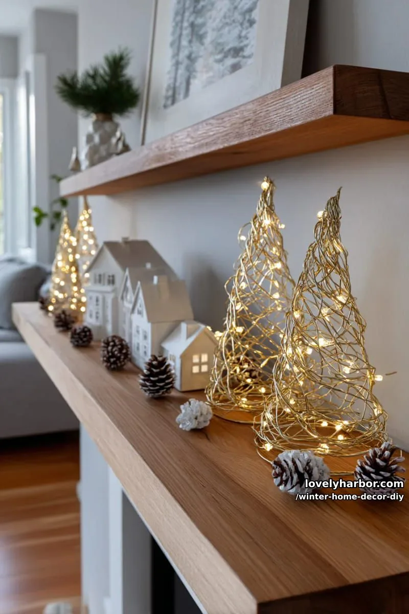 golden wire and fairy light trees for modern cozy mantel decor 1