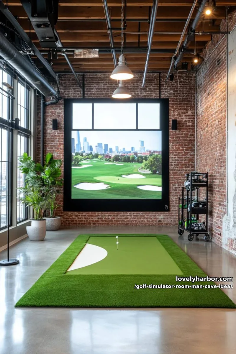 15 Cool Man Cave with Golf Simulator Room 17 golf simulator loft with panoramic windows and urban cityscape views 1