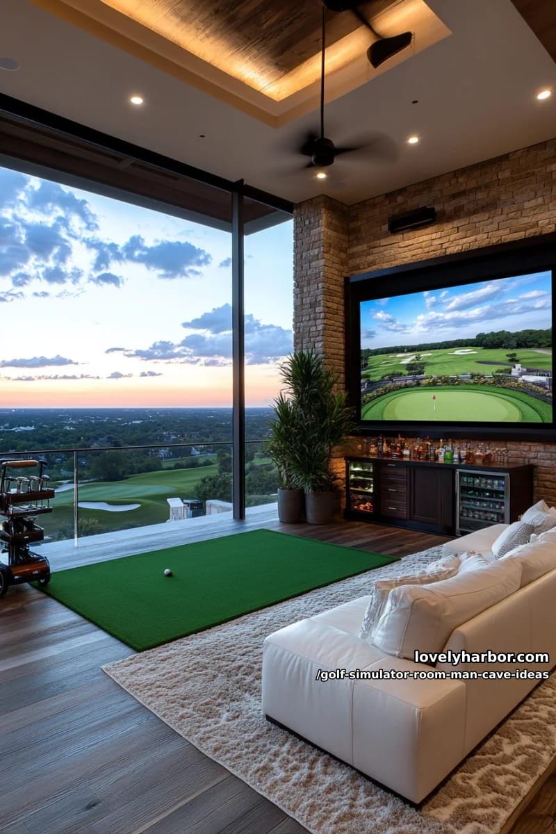 golf simulator loft with panoramic windows and urban cityscape views 1