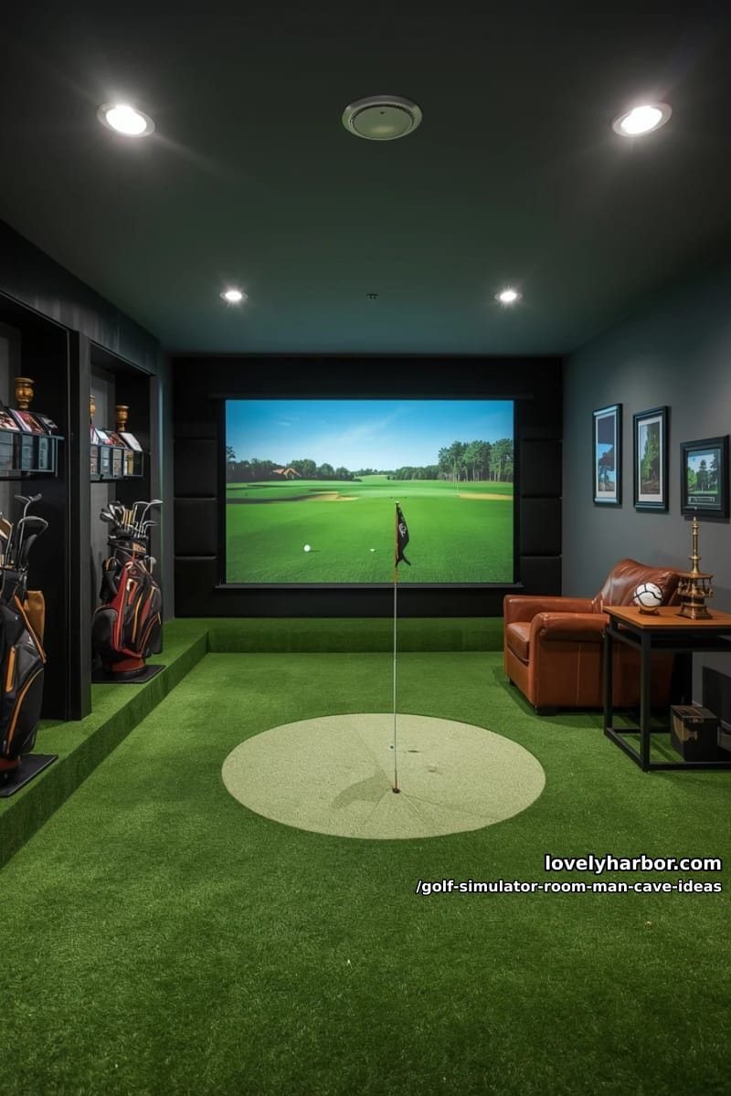 green turf flooring with putting zone and wall-mounted golf bag display 1