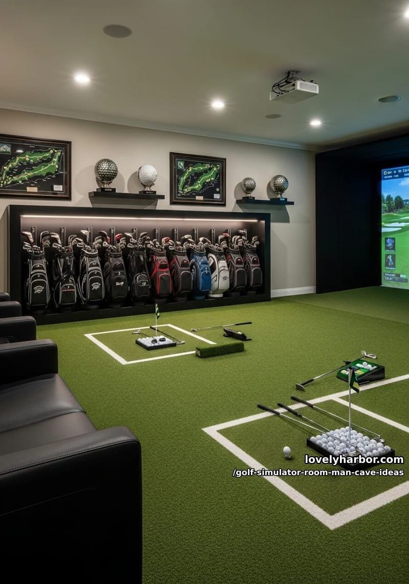 green turf flooring with putting zone and wall-mounted golf bag display 1