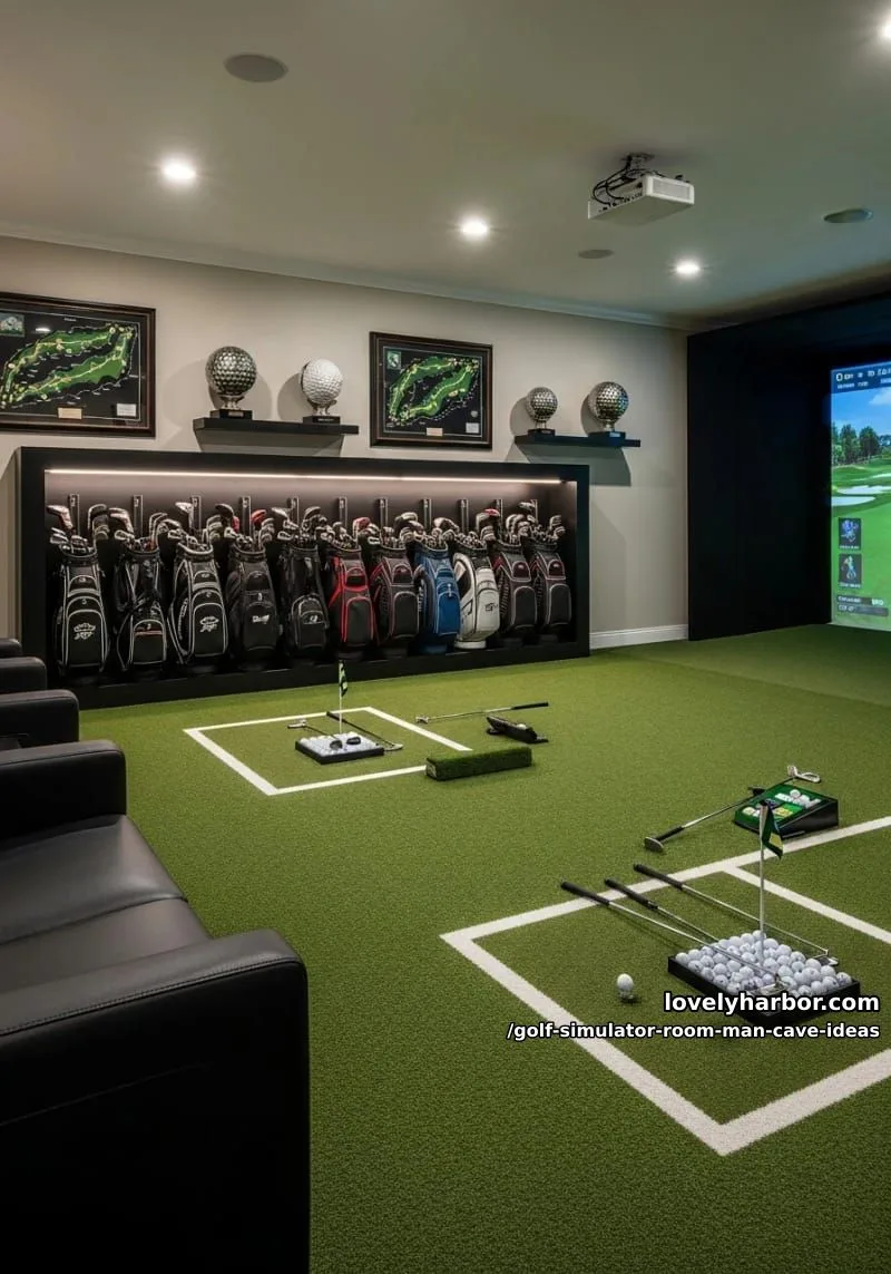 15 Cool Man Cave with Golf Simulator Room 9 green turf flooring with putting zone and wall-mounted golf bag display 1
