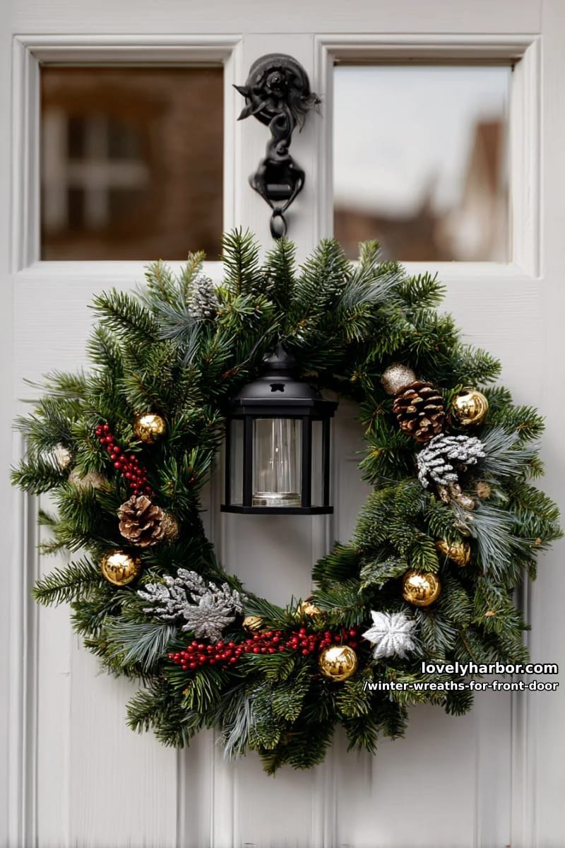 greenery wreath with hanging lantern centerpiece and small metallic ornaments 1