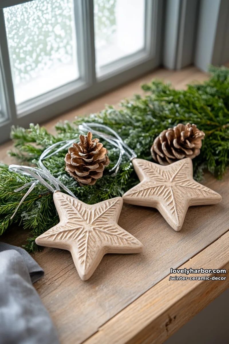 hand-formed star-shaped ceramic ornaments with embossed icy patterns 1