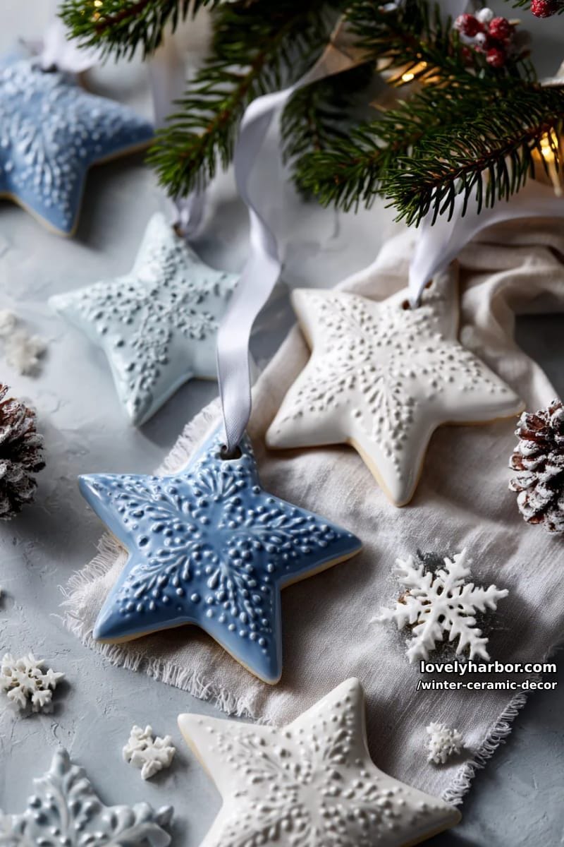 hand-formed star-shaped ceramic ornaments with embossed icy patterns 1