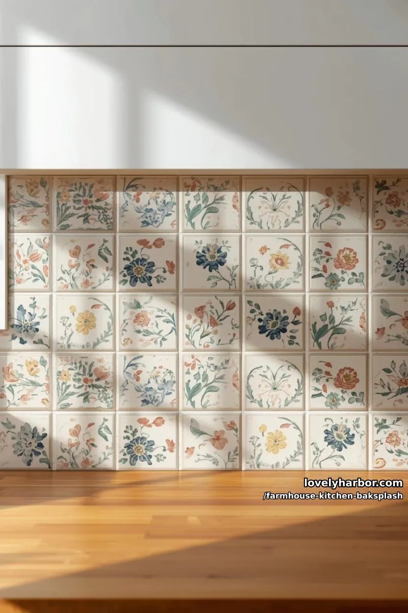 hand-painted ceramic tiles with floral motifs for a vintage farmhouse flair 1